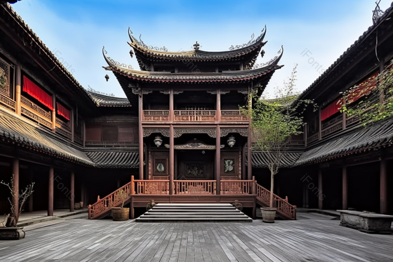 古建筑庭院中央视角摄影图,高清,摄影图,摄影图片,图片大全,摄影图免费下载